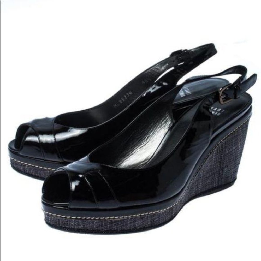 Stuart Weitzman Raffia Wedge Peep Toe Sandals 6N